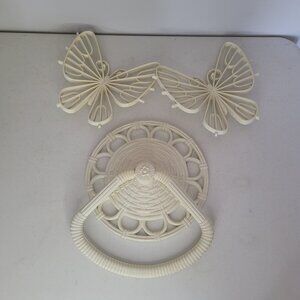 Vintage Homco Wall Towel Holder With 2 Butterflies Faux Wicker Rattan Boho New